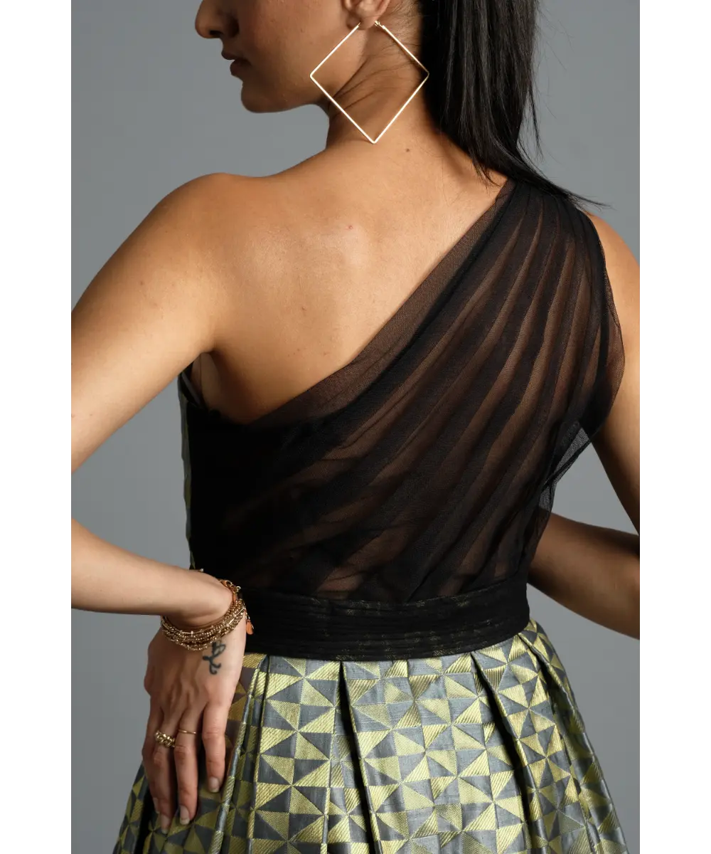 AASTHA SOOD - Steal grey Geometric Brocade Dress